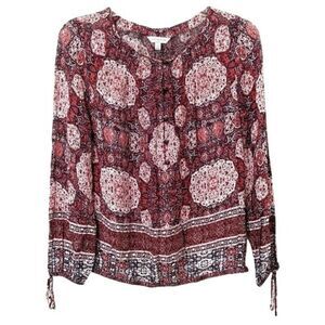 Lucky Brand Peasant Blouse Red Geometric Boho 70s Influenced Retro Button XS